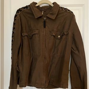 Free People Vintage Black Cross Lace Up Sleeves Army Grass Green Jacket